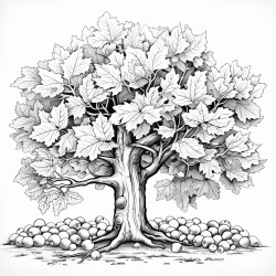 a majestic oak tree with branches full of multicolored leaves with acorns scattered at its base