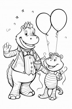 an alligator holding balloons dancing with a zebra at a tea party in a simple coloring book style
