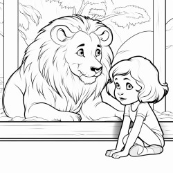 little girl at the zoo watching a lion laying down within the lion encloseire
