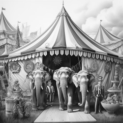 circus with a tent elephant clowns tigers and an audience