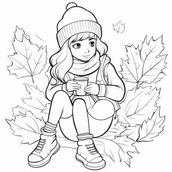 teenage girl sitting in the leaves warmly dressed in autumn clothes with a coffee in one hand and a book in the other