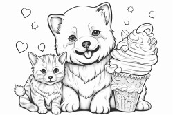 Cute bear cute dog cute cat looking at kittens who are eating ice cream