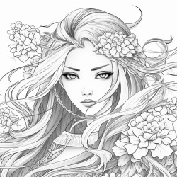 greyscale adult coloring page with manga woman with long hair