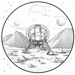 spacecraft landing on the moon with a backdrop of lunar craters and mountains depicted only as line art without color