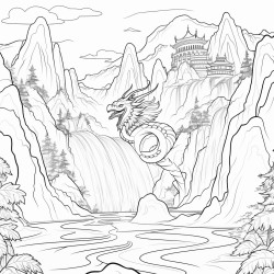 mountains with waterfall with dragon