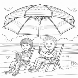 kids at the beach with their supplies by their chair under a umbrella
