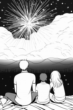 family watching fireworks exploding in the sky while they sit on a blanket in the grass