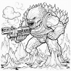 a monster made of lava shooting a lava minigun