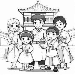 korean hanok with jackolanters and kids in halloween costumes