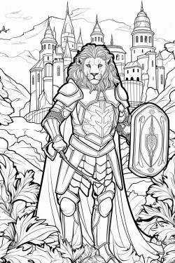 a lion dressed as knight holding a shield standing in front of castle surrounded by a forest