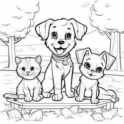 cute dogs and cat playing in the park coloring book for toddlers