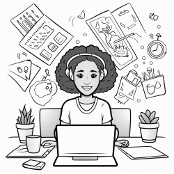 black girl working as a graphic designer with pictures around her