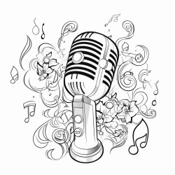a stylish microphone surrounded by musical notes