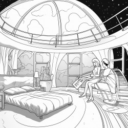 futuristic space house with glass ceiling and boy in bed