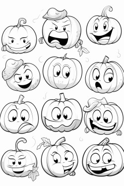 draw a variety of pumpkins with different facial expressionshappy silly spooky and surprised