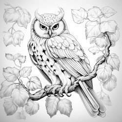 coloring page owl perched on a tree branch with leaves around no shading high details thick lines