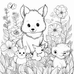 a beautiful garden full of flowers and baby animals