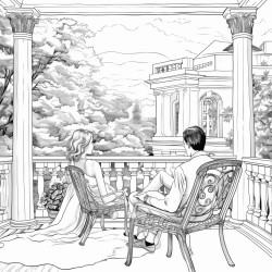 a couple sitting close together on the veranda and looking into the garden backview