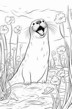 giant river otter playing in the water with its sleek body and joyful expression surrounded by river plants and fish