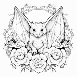 tattoo style bat surrounded by peonies