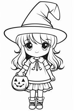 outline art for cute halloween coloring page with witch white background sketch style