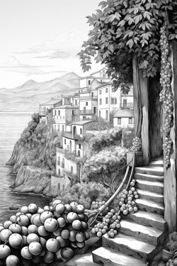 view of amalfi coast with a few large lemons hanging from vines overhead