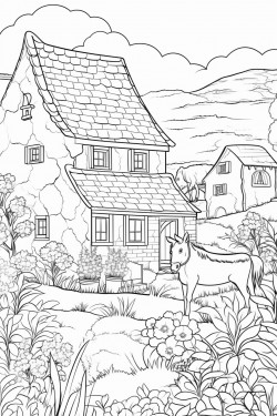 horses graze in lavender fields whimsical landscape with a quaint stone house surrounded by flowers and a cypress tree