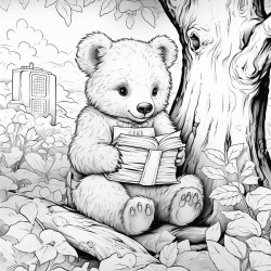 a bear reading books under an oak tree