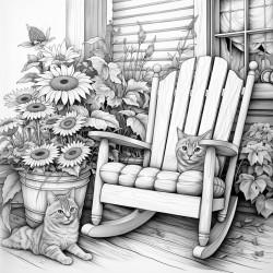 a front porch scene with a sunflower in a pot a cat and a rocking chair