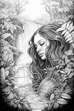 serene goddess surrounded by lush plants animals and flowing streams