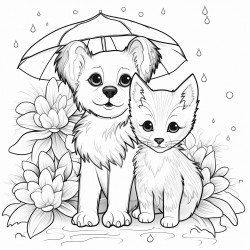 puppy and kitten playing in rain surrounded by plants and flowers and rain