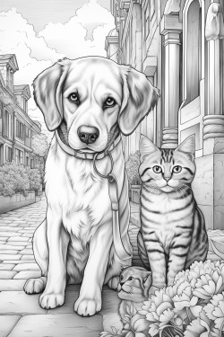 beagle dog walking in the park with a cat coloring page