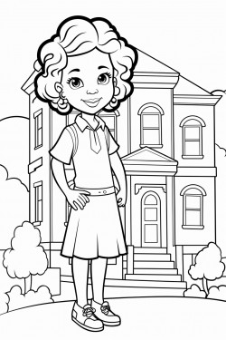 a african american little girl with a long jean skirt standing on a building