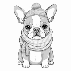 grey angrey and white french bulldog puppy with a grey and pink woolen hat and a pink woolen collar