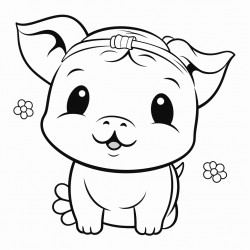 chubby kawaii piglet with a curly tail and a flower behind its ear