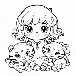angloindian girl curly hair playing with 3 tiger cubs lineart kawaii style minimalist coloring book page