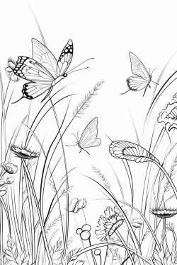 a beautiful meadow filled with wildflowers tall grass and butterflies flying around under a clear blue sky