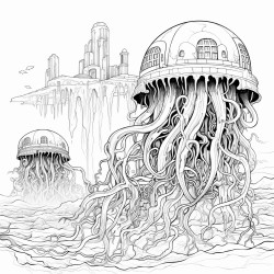 cosmic jellyfish exploring underwater ruins