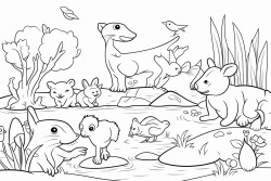 animals in the park a bird a cat a dog a frog a horse a fish in a pond a rabbit