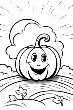 a smiling pumpkin in a field with a sun in the top right corner and a couple of clouds