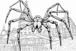 large detailed spider towering over school