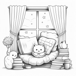 cozy reading nook  a window seat with fluffy cushions a soft blanket and a stack of kawaiithemed books