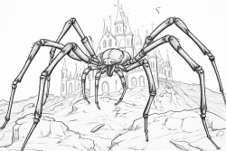 large detailed spider towering over school