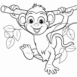 generate a coloring page of a cute cartoon monkey swinging from a tree branch