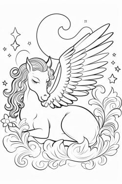 a winged unicorn sleeping in heaven