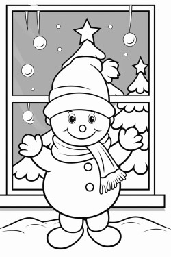 christmas snowman outside the window and behind the christmas tree