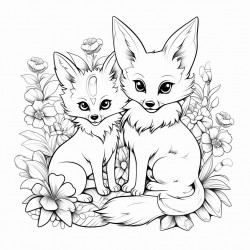 a unicorn and a fennec fox sit in the flowers