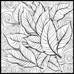 create a blackandwhite coloring page of leaves swirling in the wind show leaves of various shapes and sizes in a flowing spiral pattern to capture motion use bold clear outlines for each leaf with large open spaces for easy coloring