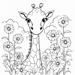 a giraffe in a garden with flowers