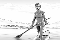 a woman paddle boarding in a wet suit on the sea on a sunny day